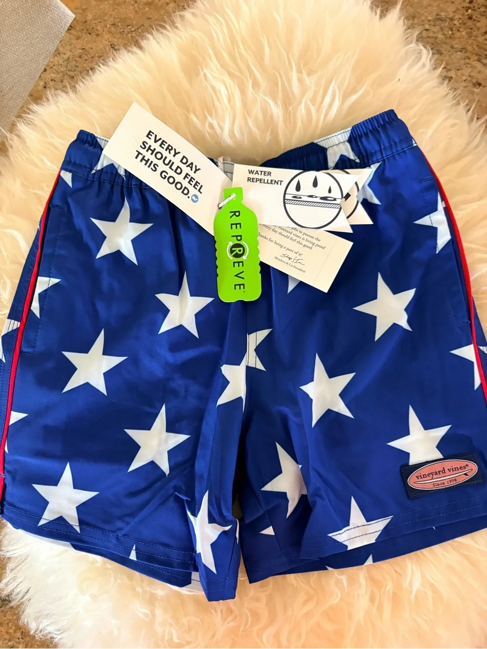 Vineyard Vines Boys Blue Star Swim Shorts with Red Trim